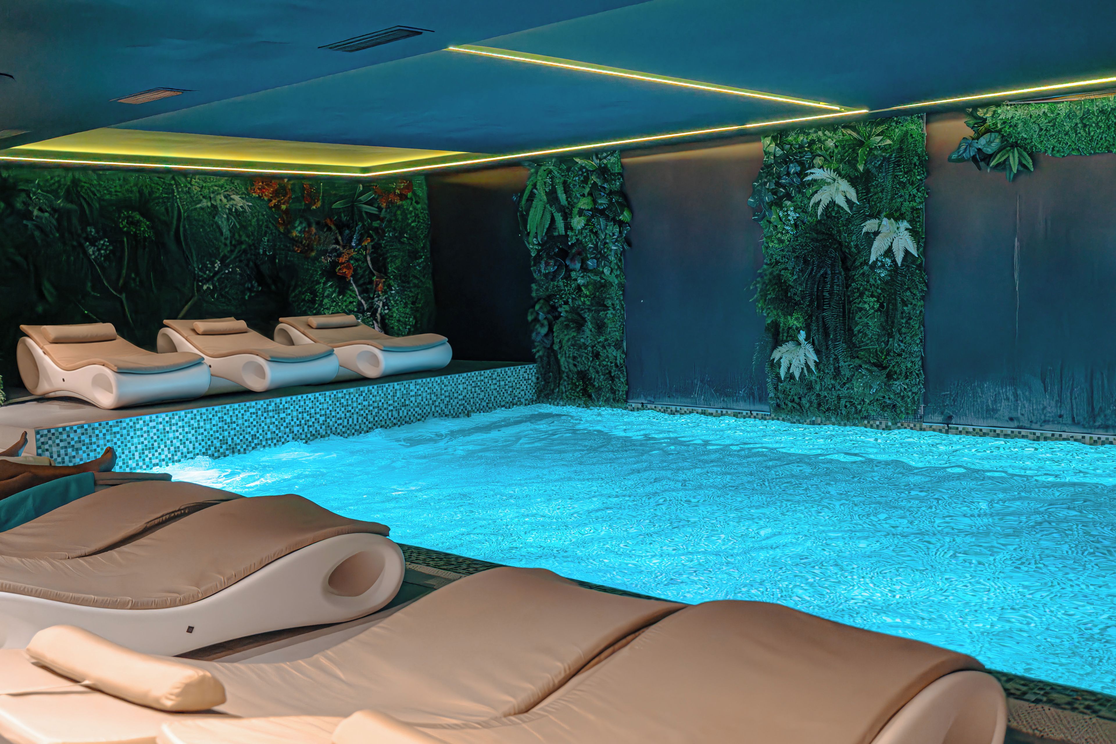 A spa area with a pool, lounge chairs, and a wall decorated with plants.