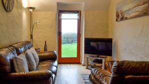 Un salon avec un canapé en cuir, un téléviseur et une vue sur un paysage verdoyant, visible à travers une porte ouverte.