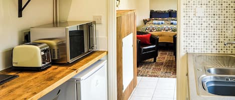 Una cocina compacta con microondas, tostadora y lavabo.
