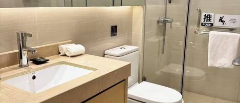 Un baño moderno con ducha envuelta en vidrio, un lavabo con espejo y un inodoro.