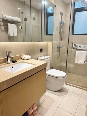 Une salle de bain moderne avec une douche à parois de verre, un lavabo avec un miroir et des toilettes.