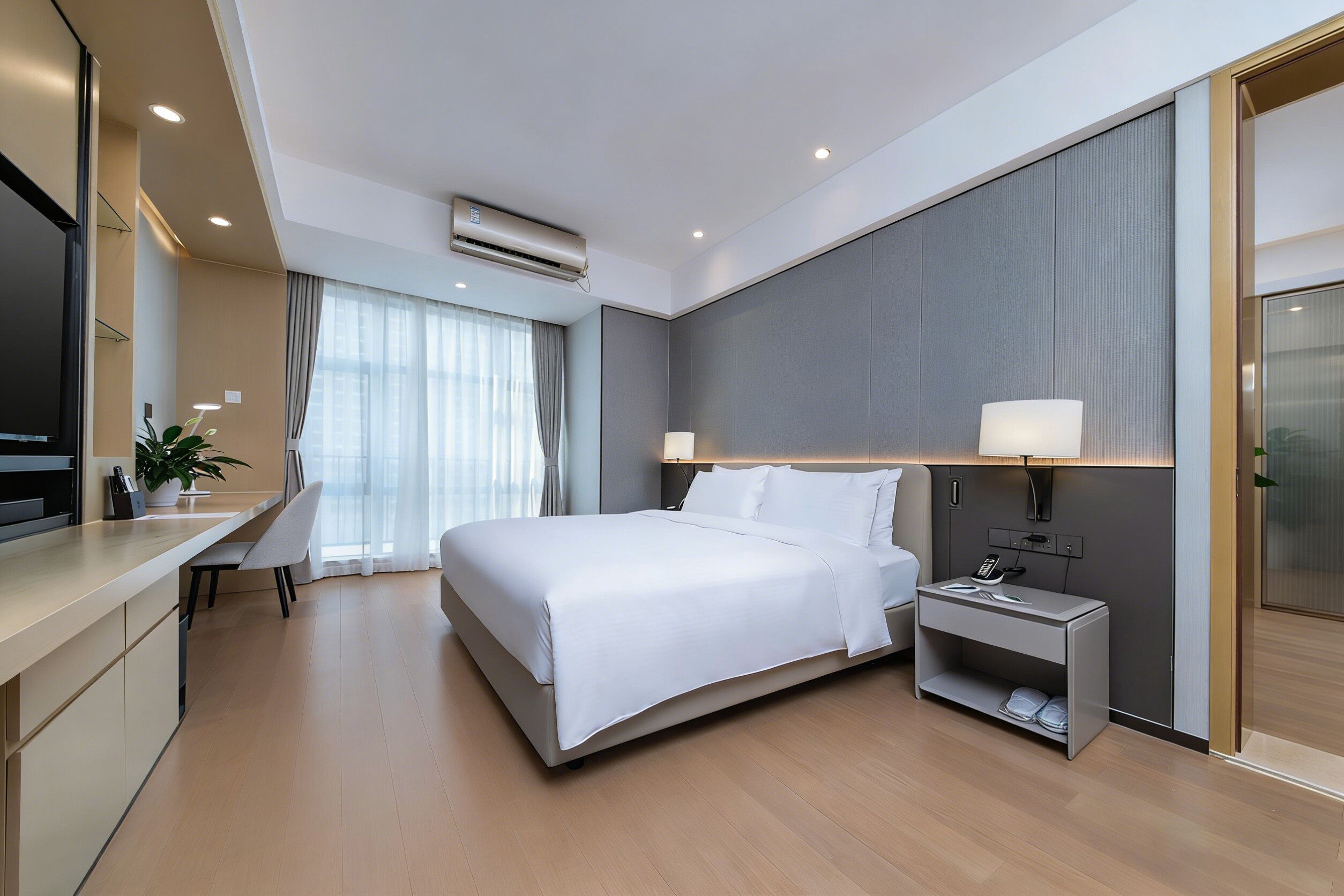 A modern hotel room with a large bed, bedside tables, a desk, and a TV.