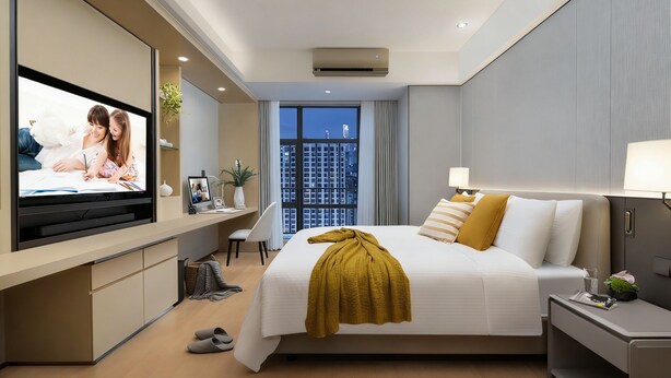 Una habitación de hotel moderna con una cama grande, un escritorio con televisor de pantalla plana, una silla, una mesita de noche con lámpara y vistas a un paisaje urbano a través de un ventanal amplio.