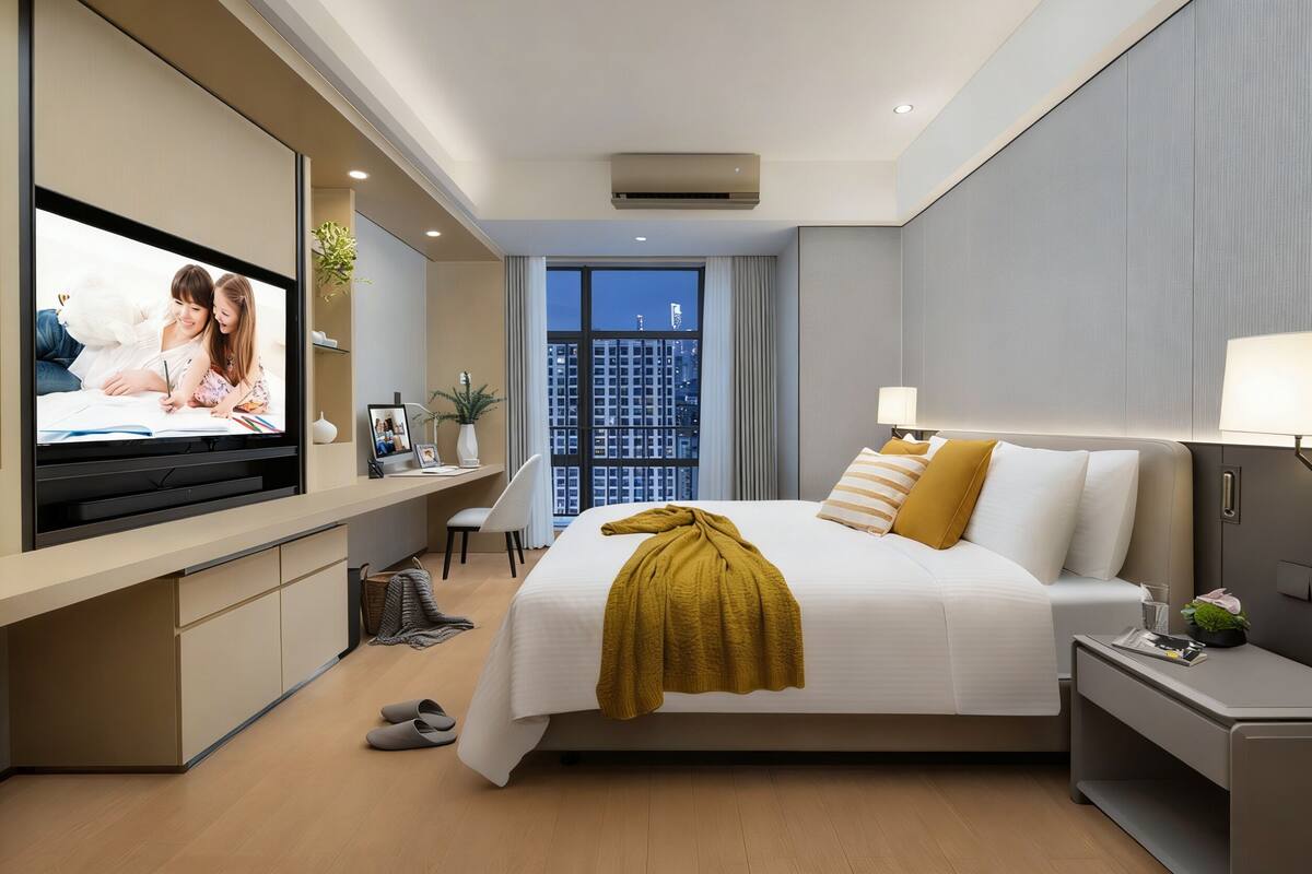 Una habitación de hotel moderna con una cama grande, un escritorio con televisor de pantalla plana, una silla, una mesita de noche con lámpara y vistas a un paisaje urbano a través de un ventanal amplio.