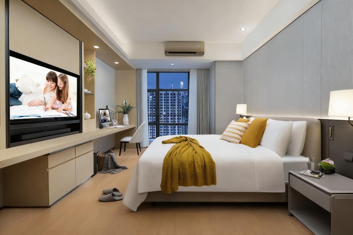 Deluxe-huone, 1 keskisuuri parisänky | Tallelokero huoneessa, työpöytä, pimennysverhot, silitysrauta/-lauta