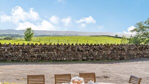 A rustic outdoor seating area with stone walls, wooden tables, and chairs, overlooking a green landscape and distant hills. - Dudmire (Appleby-in-Westmorland)