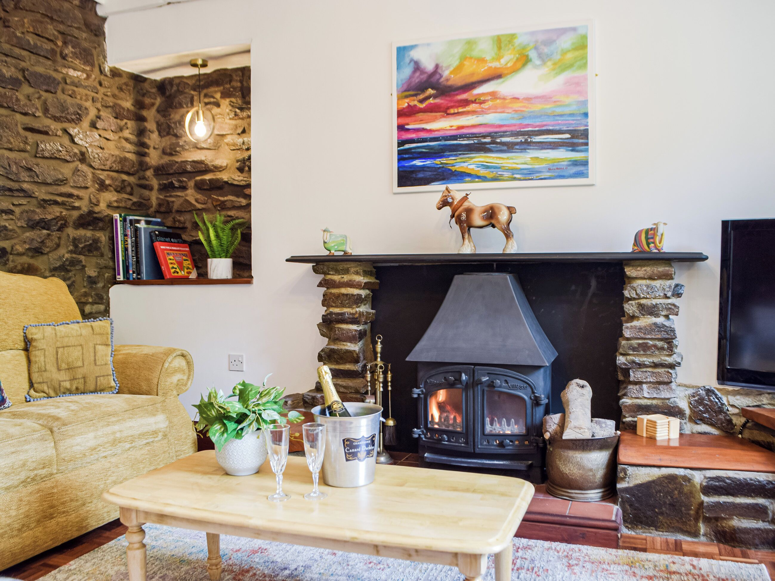 TV, fireplace