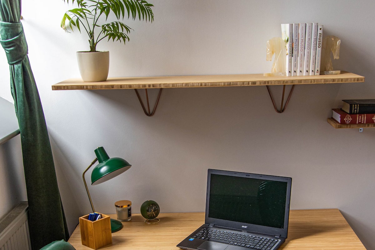 A workspace with a laptop, a desk lamp, a potted plant, and books on a shelf.