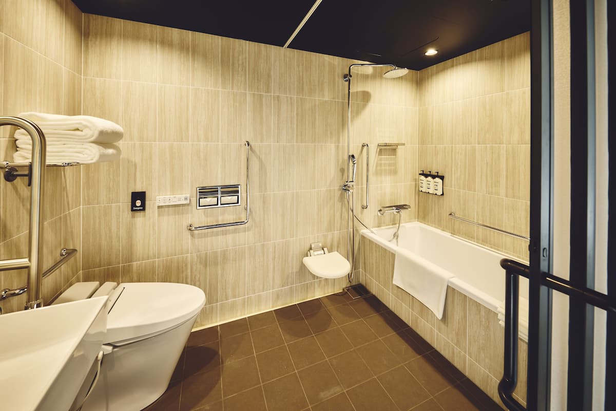 Ensemble douche/baignoire, douche à « effet pluie », sèche-cheveux