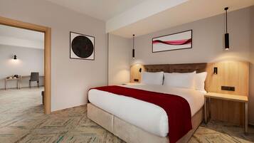 Une chambre d’hôtel moderne avec un grand lit, deux tables de chevet, une tête de lit et un sol recouvert de moquette.