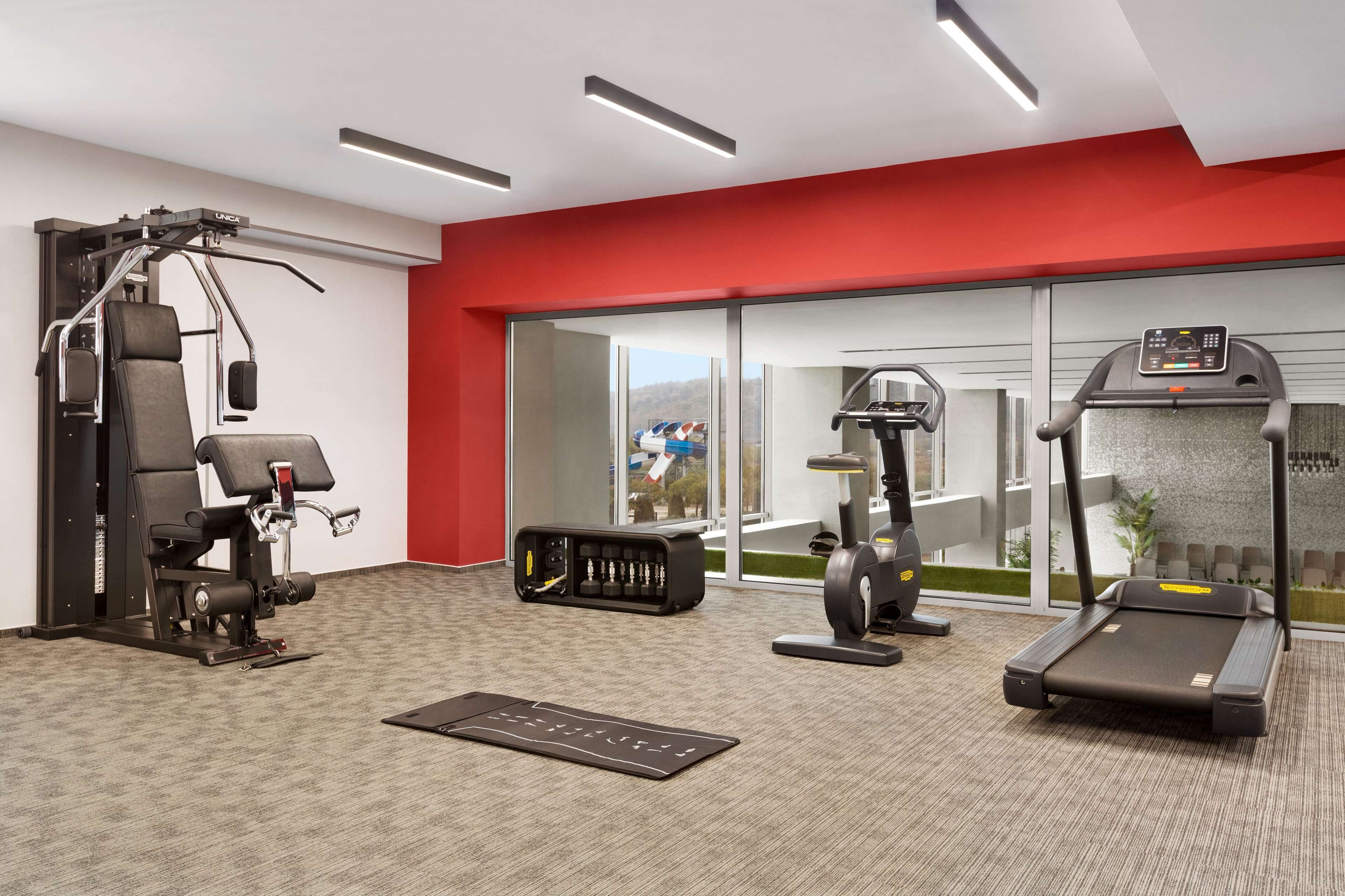 A gym with exercise equipment, a treadmill, and a large window with a view of the outdoors.