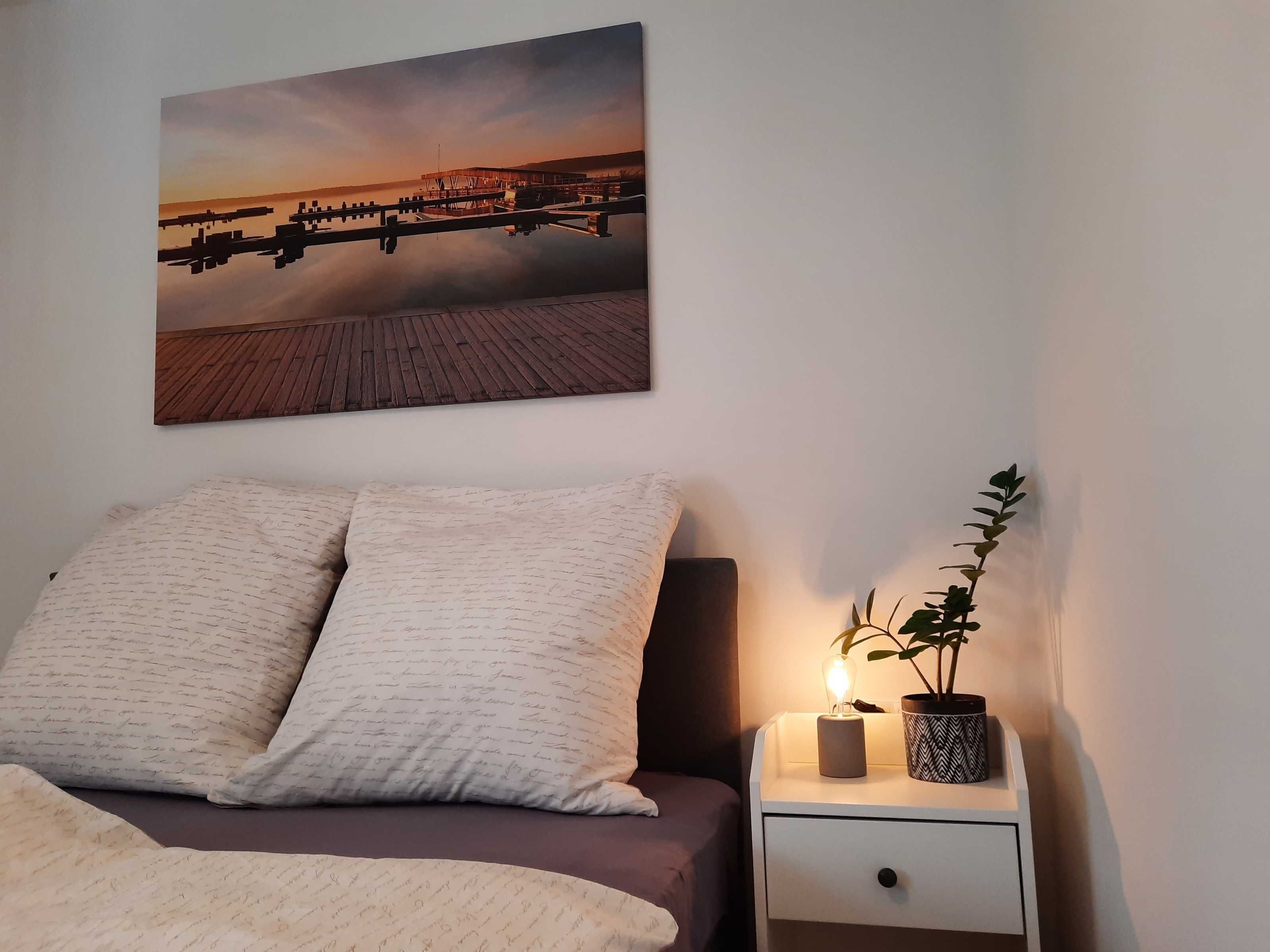 Et soveværelse med seng, puder, et sengebord med en plante og en lampe, samt et billede på væggen af en moler i solnedgang.