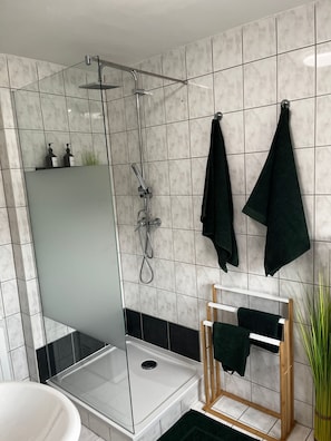 Shower, hair dryer, towels, soap