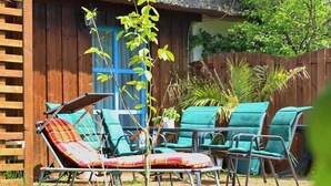 Un edificio con tetto di paglia, una porta in legno, un piccolo giardino con sedie verdi e un tavolo, e un recinto di legno sullo sfondo.