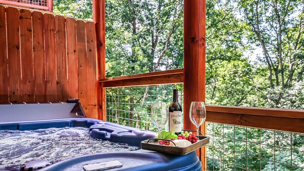 Een houten terras met een jacuzzi, een schaal druiven en een fles wijn, plus een glas.
