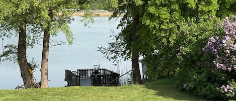 A grassy area with a bench and a fence near a body of water.