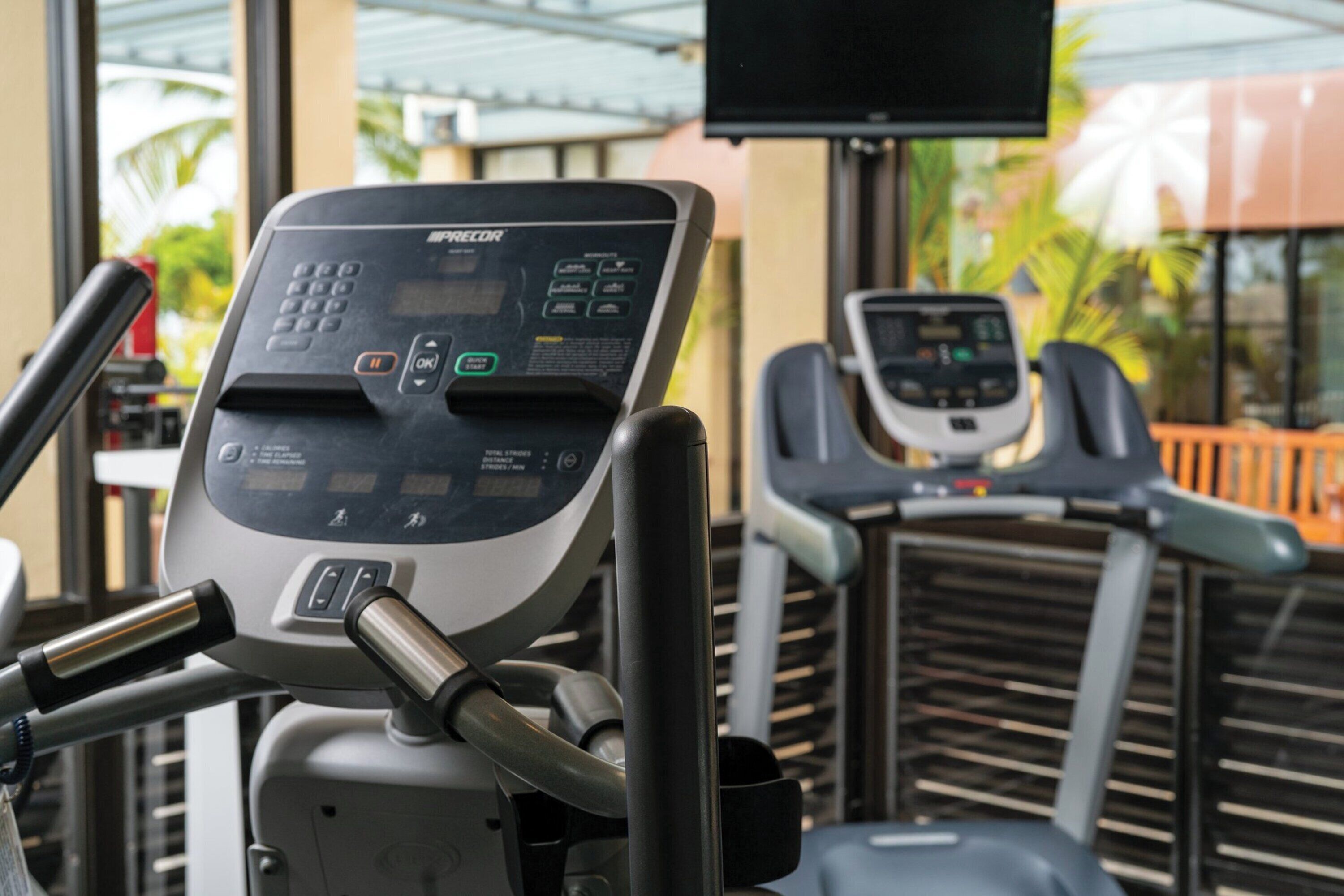 A gym with treadmills and exercise equipment.