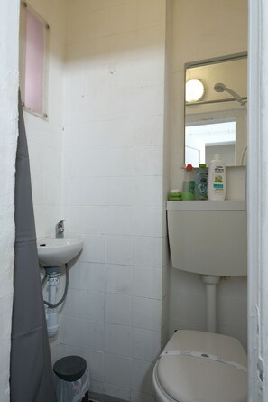 A small bathroom with a sink, toilet, and shower. - Studio Sao Miguel (Lisboa)