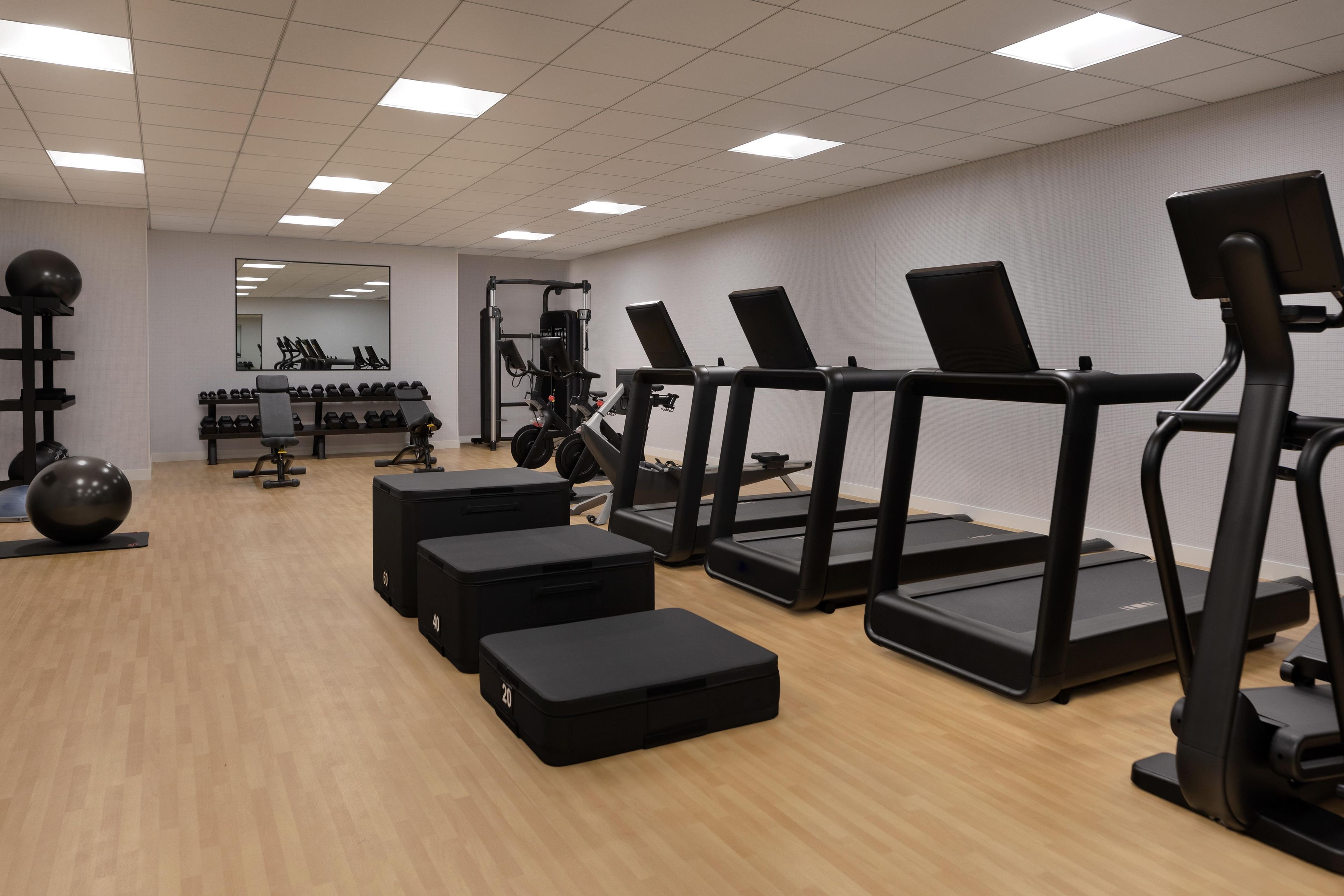Ett gym med löpband, styrketräningsmaskiner och träningsbollar.