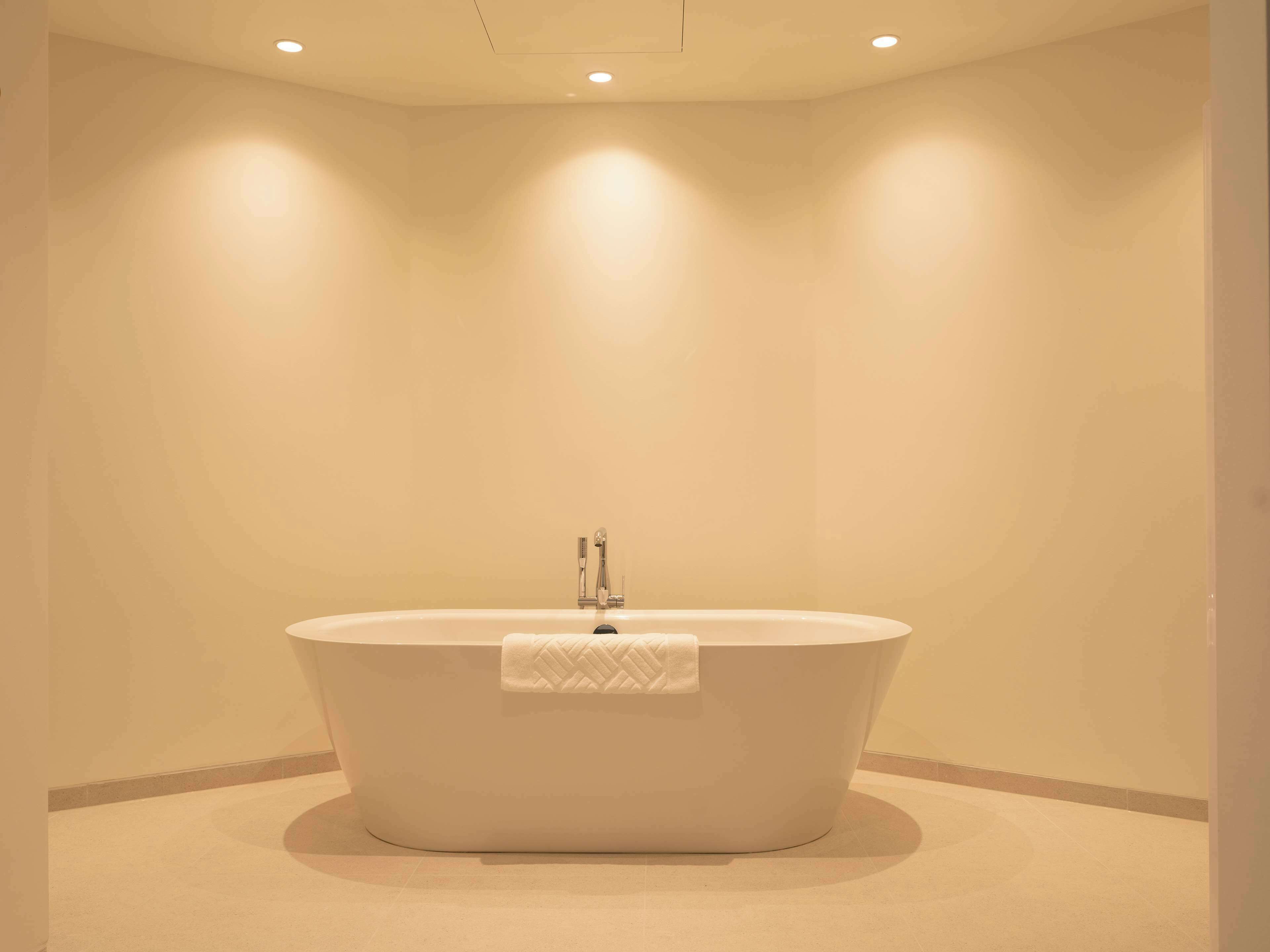 Une salle de bain moderne avec une baignoire sur pieds, des spots encastrés au plafond et un mur uni.