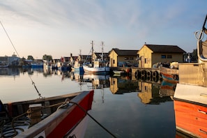 En havn med fortøjede både, en bygning med skråt tag og rolige vandflader der spejler bådene.