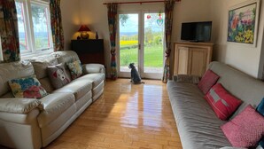 Un salón amplio con sofá, televisor y un perro.