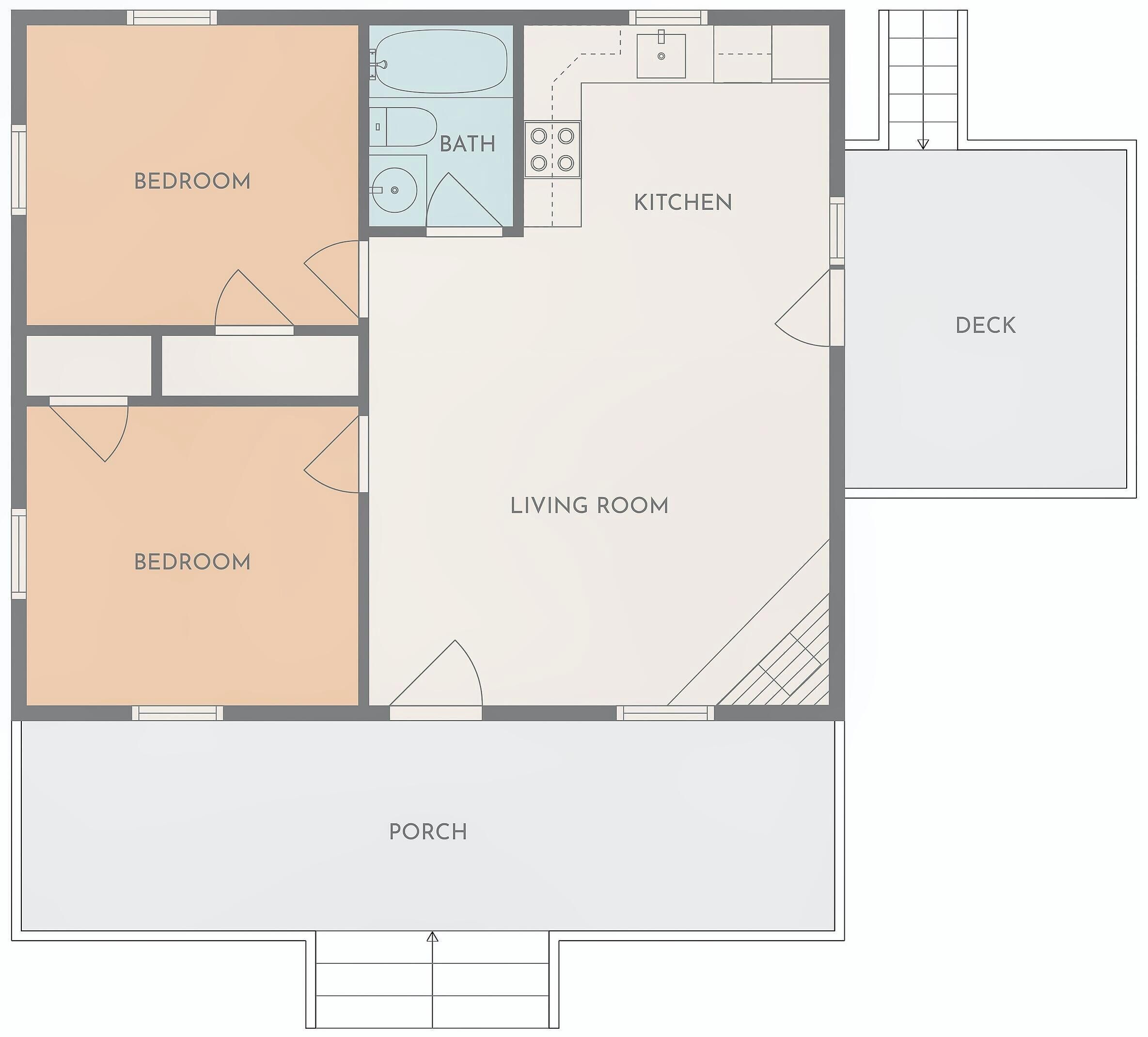 A floor plan with two bedrooms, a living room, a kitchen, a bathroom, a deck, and a porch.