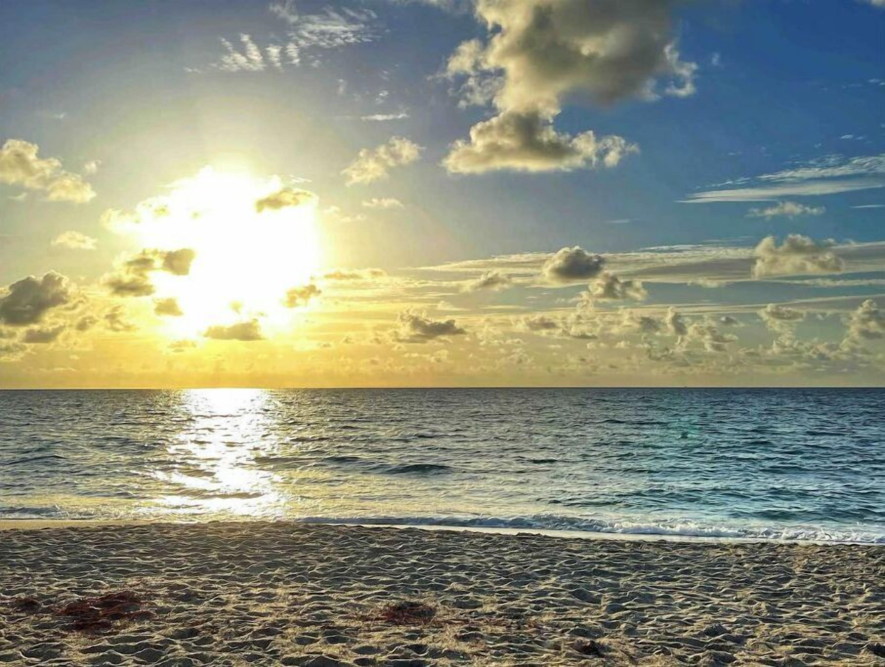 Una playa con cielos despejados y luz del sol reflejada en el agua.