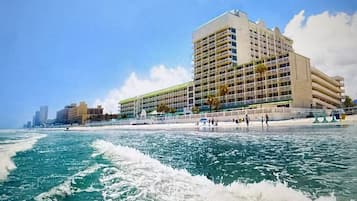 On the beach, sun loungers, beach towels