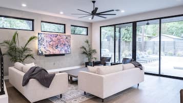 Smart TV, video games, video library, stereo