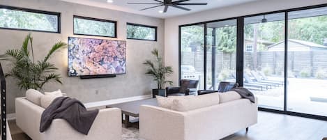 Smart TV, video games, video library, stereo