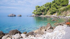 A coastal scene with clear water, rocky shoreline, and a building with trees on a hillside. - Santavenere Hotel (Maratea)