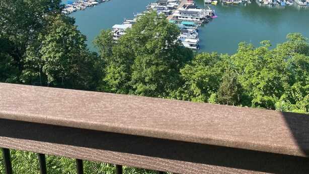 A marina with boats docked, surrounded by dense forest and a bridge in the background. - Lake House with stunning view of Lake Cumberland (Somerset)