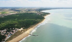 Luftaufnahme einer Küstenregion mit Strand, bewaldetem Gebiet und Wohngegend.