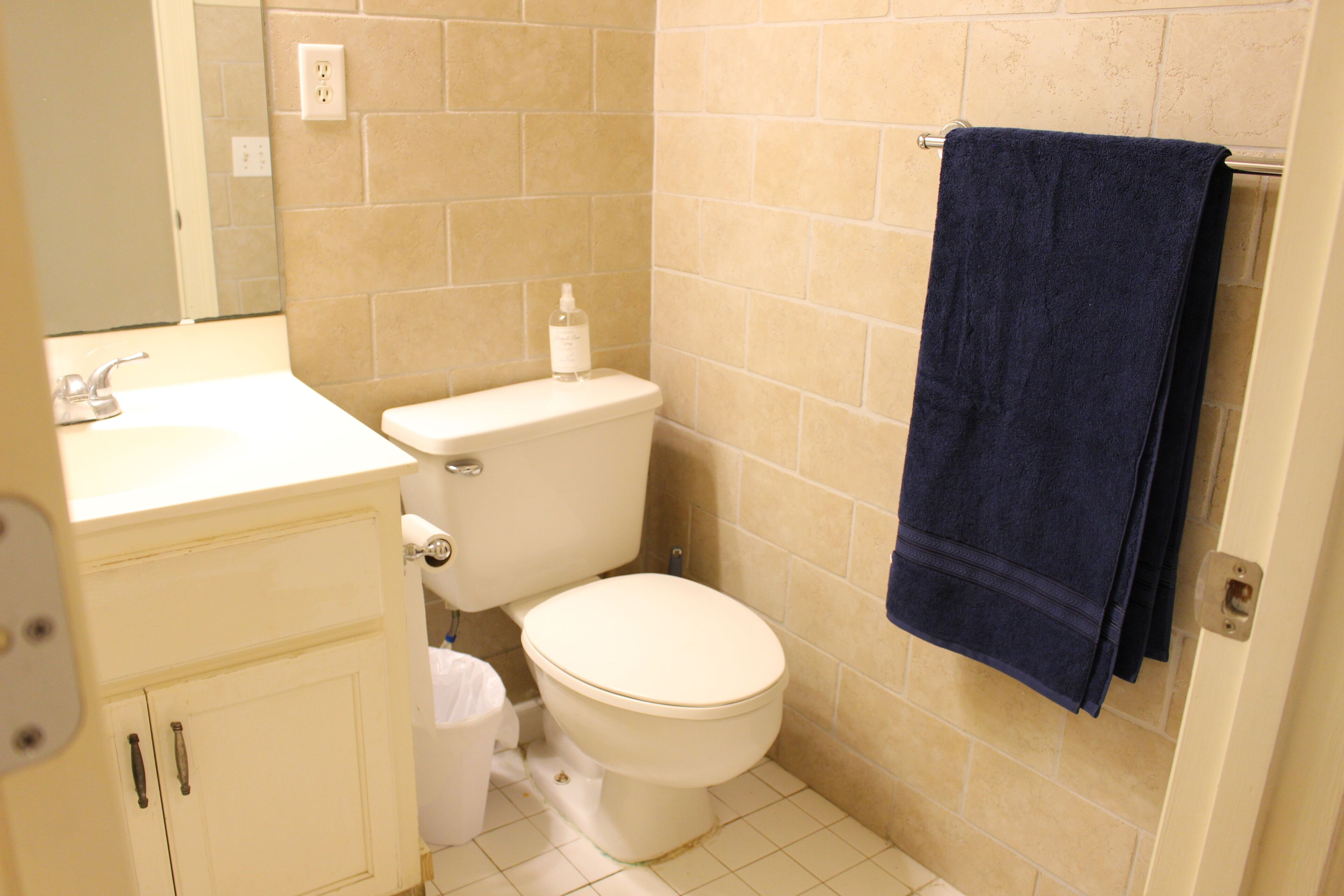 Een badkamer met toilet, wastafel en een handdoekhouder.