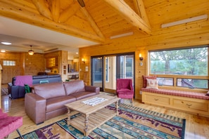TV, fireplace, books