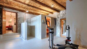 A modern interior with a stone wall, a wooden ceiling, and a fitness machine. - Villa with swimming pool, sauna and indoor pool (Nedešćina)