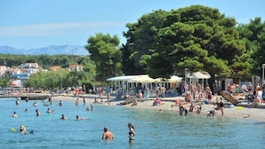 Une plage où l’on voit des gens se baigner et bronzer, un grand arbre, et des bâtiments en arrière-plan.
