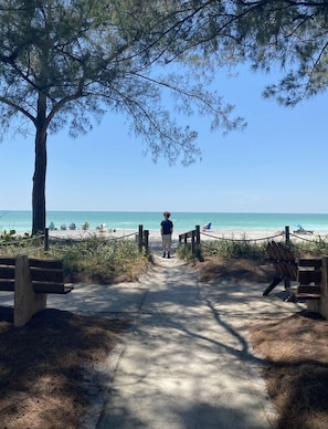 Un camino que lleva a una playa, con una persona al final.