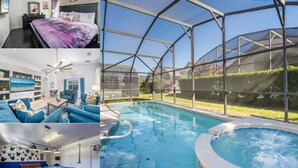 A pool with a glass enclosure, a bedroom with a bed and dresser, a living room with a sofa and TV, and a pool table. - Pool Home with Spa & Games Room in Gated Community Near WDW (Davenport)