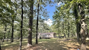 A rustic cabin surrounded by tall trees in a wooded area.