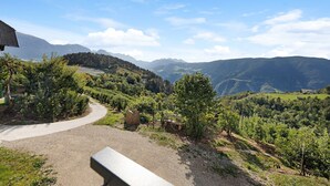 Un chemin pavé traverse un paysage verdoyant, avec un banc et un bâtiment situés sur la gauche.