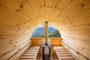 Une cabane en bois avec un poêle à bois et une vue sur les montagnes.