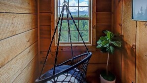 A wooden cabin room with a hanging chair, a window with a view of greenery, and a potted plant. - 10 min to Soaky mntns & shoping, private backyard (Sevierville)
