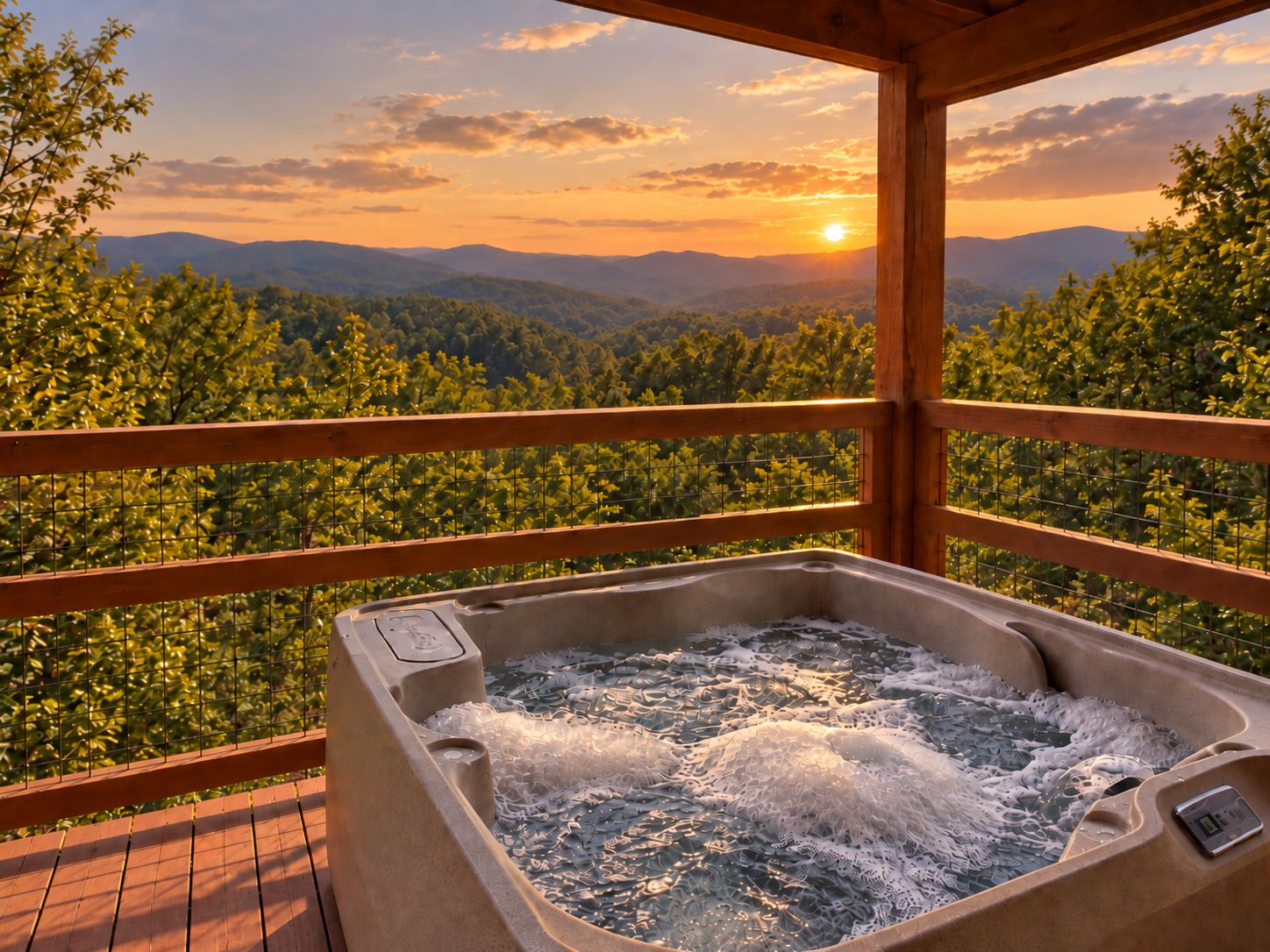 A hot tub with a wooden railing, surrounded by lush greenery and a mountainous landscape.