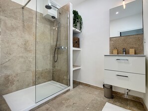 Shower, hair dryer, towels