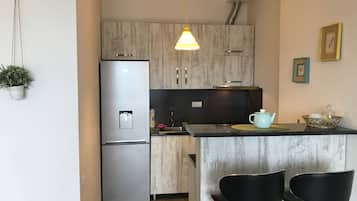 Fridge, microwave, stovetop, electric kettle