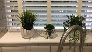A kitchen counter with a sink, a potted plant, and a decorative mug. - Entire Stylish Garden Apartment 2 double ensuite bedrooms sleeps 4 Pet friendly  (Wisbech)