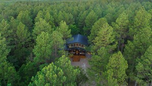Eine Holzhütte, umgeben von dichtem Wald, mit freiem Blick auf die umliegende Landschaft.
