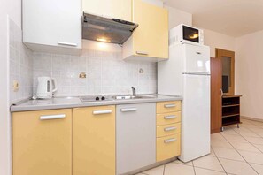 Fridge, microwave, stovetop, cookware/dishes/utensils
